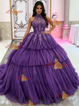 Green Tulle Halter Appliques Quinceanera Dress