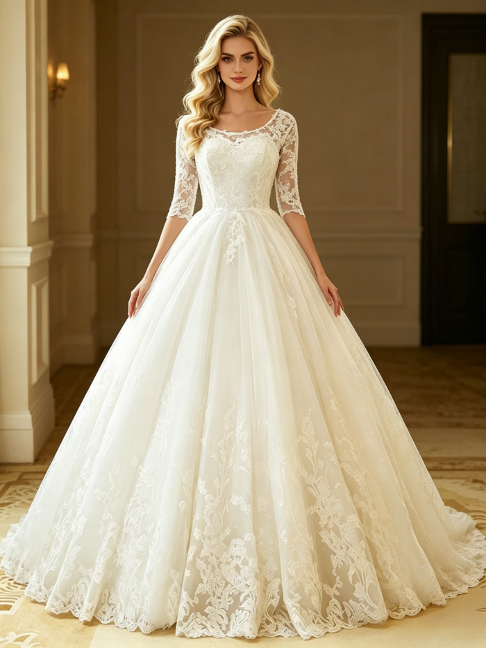 White Tulle Lace Short Sleeve Wedding Dress