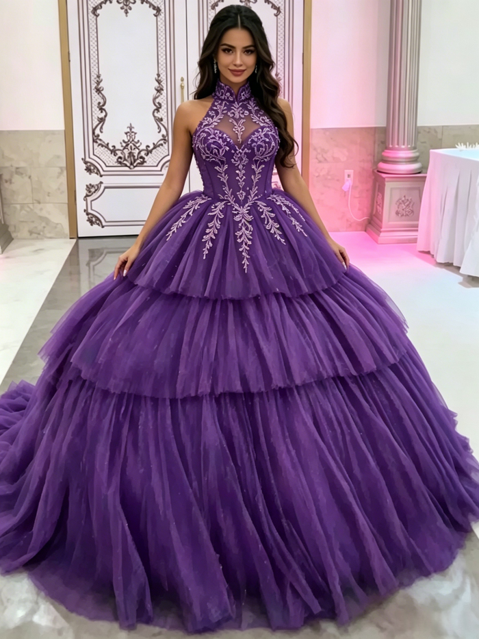 Green Tulle Halter Appliques Quinceanera Dress