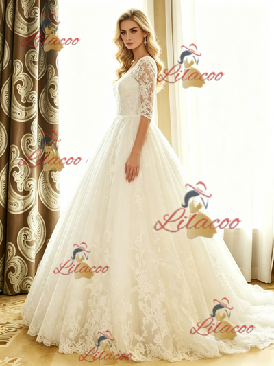 White Tulle Lace Short Sleeve Wedding Dress