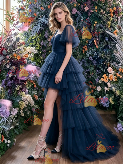 Navy Blue Tulle Hi Lo Prom Dress