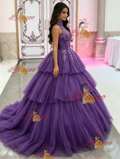 Green Tulle Halter Appliques Quinceanera Dress