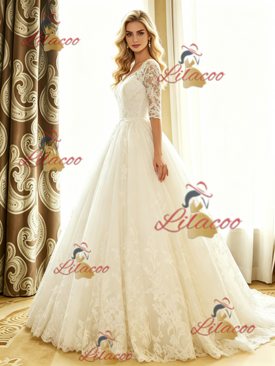 White Tulle Lace Short Sleeve Wedding Dress