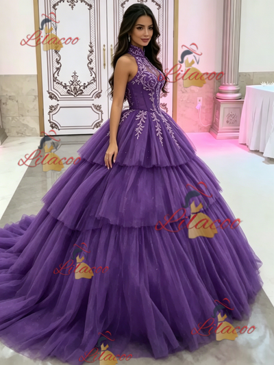 Green Tulle Halter Appliques Quinceanera Dress