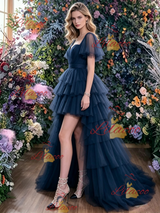 Navy Blue Tulle Hi Lo Prom Dress