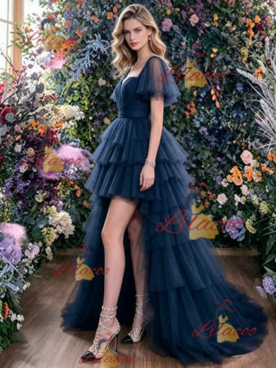 Navy Blue Tulle Hi Lo Prom Dress