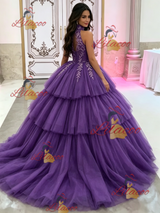 Green Tulle Halter Appliques Quinceanera Dress