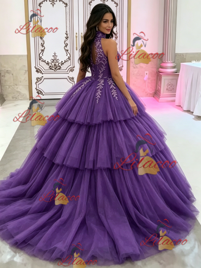 Green Tulle Halter Appliques Quinceanera Dress