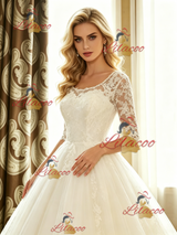 White Tulle Lace Short Sleeve Wedding Dress