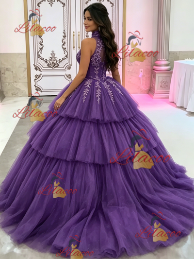 Green Tulle Halter Appliques Quinceanera Dress