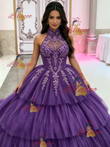 Green Tulle Halter Appliques Quinceanera Dress