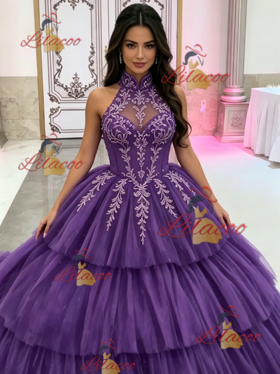 Green Tulle Halter Appliques Quinceanera Dress