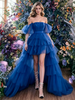 Blue Tulle Off the Shoulder Pleats Prom Dress