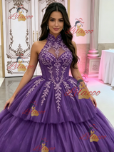 Green Tulle Halter Appliques Quinceanera Dress