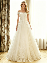 White Tulle Lace Off the Shoulder Wedding Dress