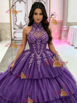 Green Tulle Halter Appliques Quinceanera Dress
