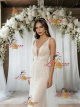 White Tulle V-neck Backless Wedding Dress