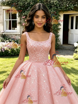 Pink Sequins Straps Quinceanera Dress