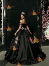 Black Straps Appliques Quinceanera Dress