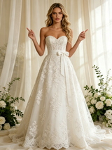 Beige Wite Tulle Appliques Strapless Wedding Dress
