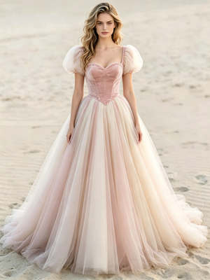 Pink Tulle Puff Sleeve Wedding Dress
