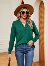 Solid Color V-neck Button Long Sleeve T-shirt