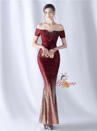 Mermaid Sequins Off the Shoulder Beading Prom Dress