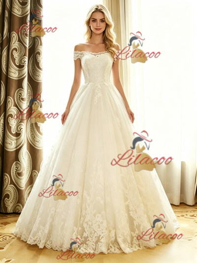White Tulle Lace Off the Shoulder Wedding Dress