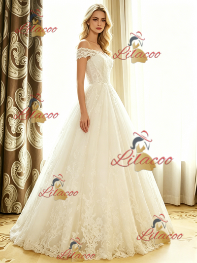 White Tulle Lace Off the Shoulder Wedding Dress