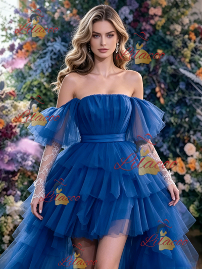 Blue Tulle Off the Shoulder Pleats Prom Dress