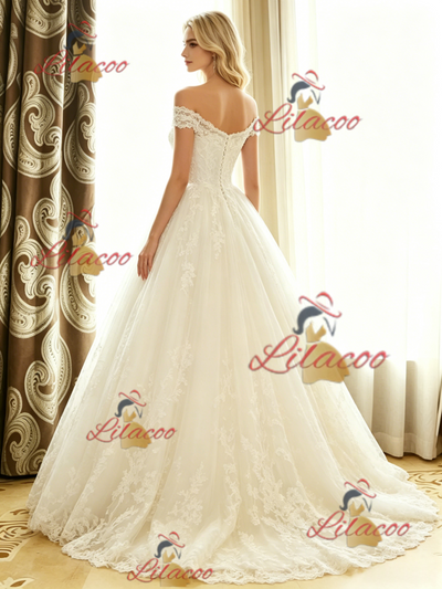 White Tulle Lace Off the Shoulder Wedding Dress
