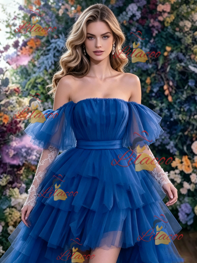 Blue Tulle Off the Shoulder Pleats Prom Dress