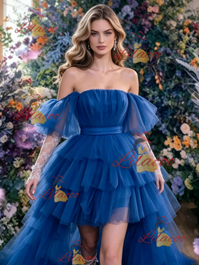 Blue Tulle Off the Shoulder Pleats Prom Dress