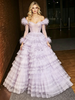 Purple Tulle Long Sleeve Tiers Prom Dress