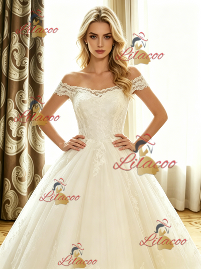 White Tulle Lace Off the Shoulder Wedding Dress
