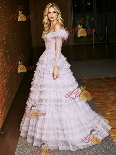 Purple Tulle Long Sleeve Tiers Prom Dress