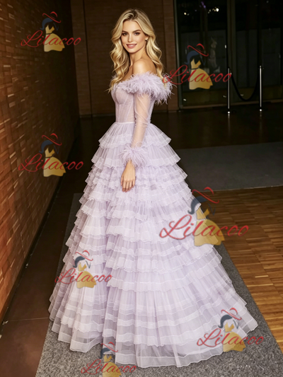 Purple Tulle Long Sleeve Tiers Prom Dress
