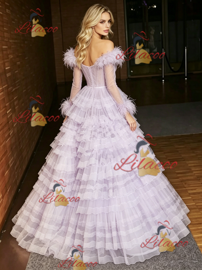 Purple Tulle Long Sleeve Tiers Prom Dress