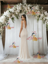 White Tulle V-neck Backless Wedding Dress