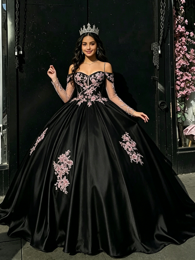 Black Straps Appliques Quinceanera Dress