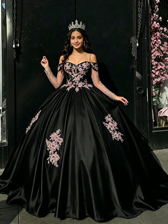 Black Straps Appliques Quinceanera Dress