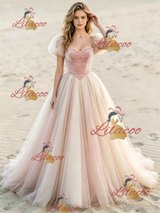 Pink Tulle Puff Sleeve Wedding Dress