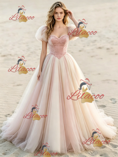 Pink Tulle Puff Sleeve Wedding Dress