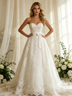 Beige Wite Tulle Appliques Strapless Wedding Dress