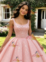 Pink Sequins Straps Quinceanera Dress