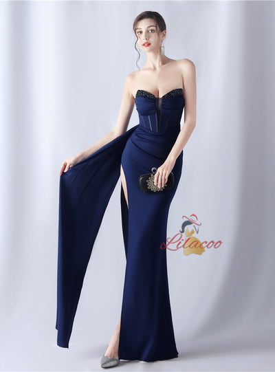 Mermaid Strapless Pleats Beading Split Prom Dress