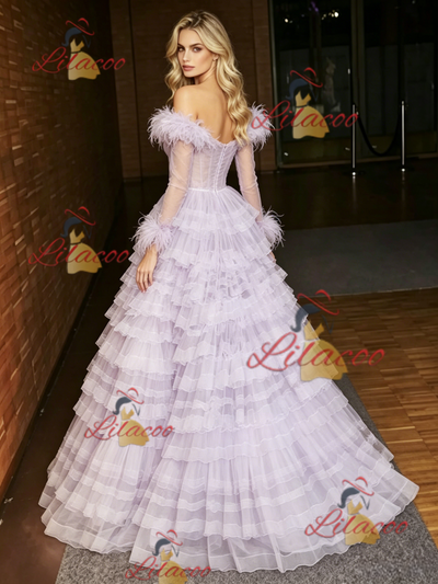 Purple Tulle Long Sleeve Tiers Prom Dress