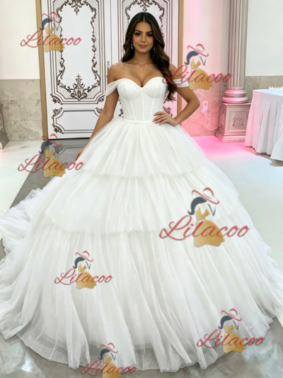 White Tulle Off the Shoulder Tiers Quinceanera Dress