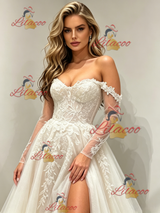 Beige White Tulle Long Sleeve Appliques Prom Dress