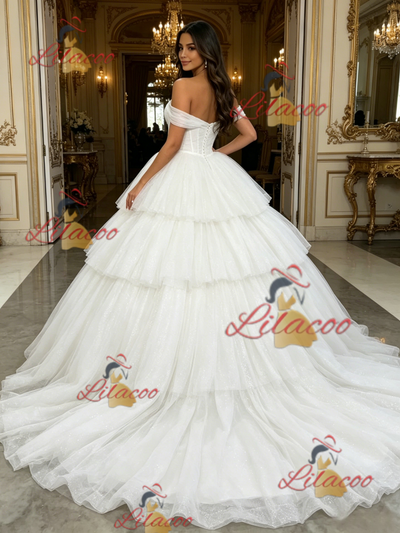 White Tulle Off the Shoulder Tiers Quinceanera Dress